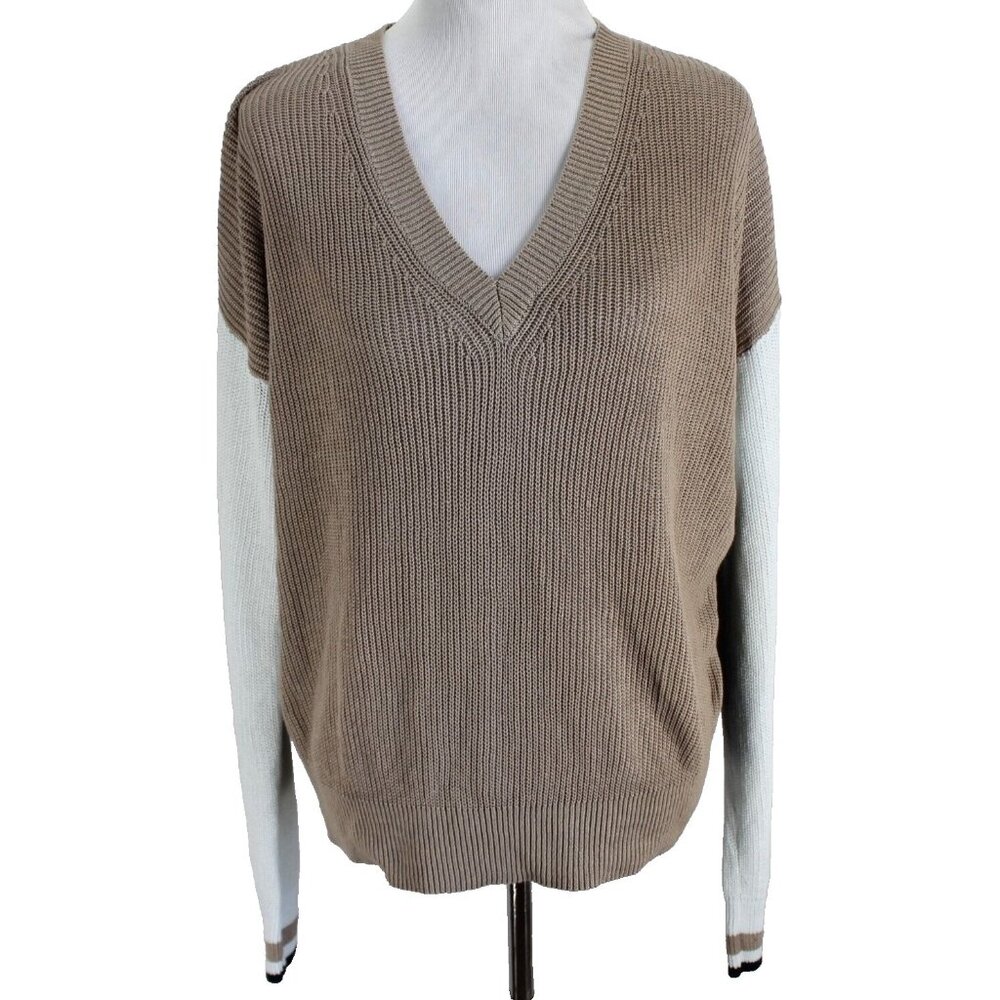 Time After Time Sweater Womens L Tan Gray White Color Block Drop Shoulder V Neck